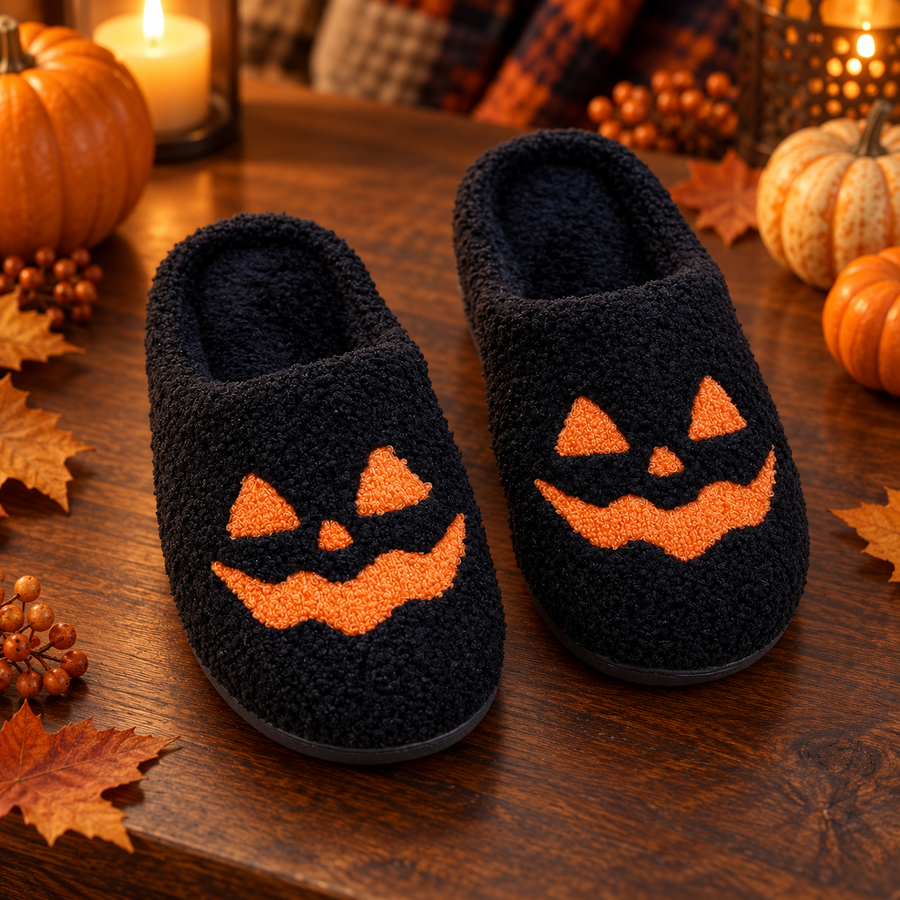 lack Pumpkin Night Cozy Slippers